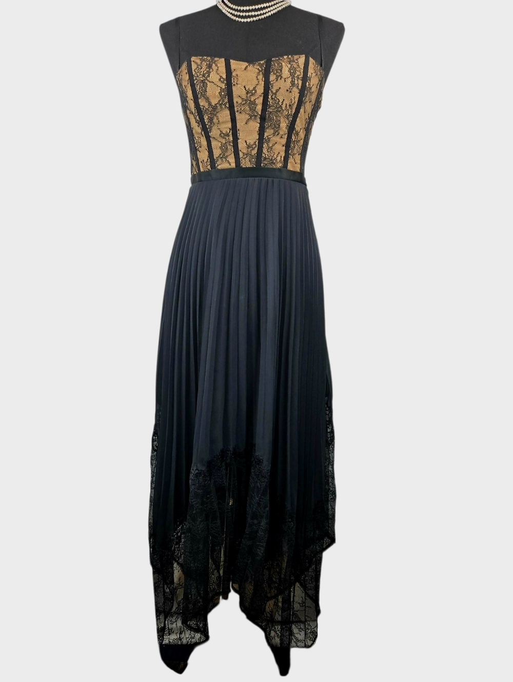 Black Lace-Trim Midi Dress with Handkerchief Hem - Picture 9 of 14